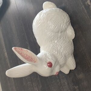 Vintage Handmade Large Ceramic White Rabbit With Pink Eyes